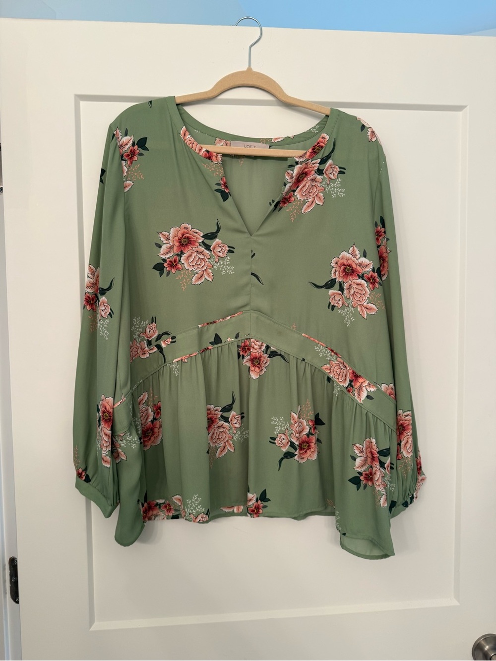 LOFT Sage Green Floral Tiered V-Neck Blouse